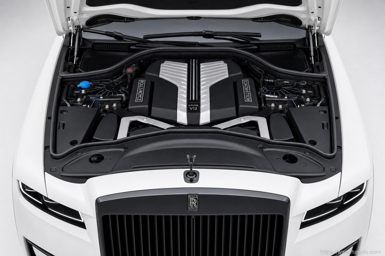 Rolls-Royce Black Badge Ghost open bonnet and powertrain bay showing the under-bonnet layout in South Africa