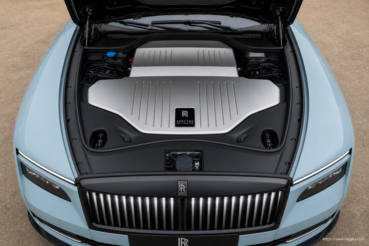 Rolls-Royce Black Badge Spectre Series II open bonnet and powertrain bay showing the under-bonnet layout in South Africa
