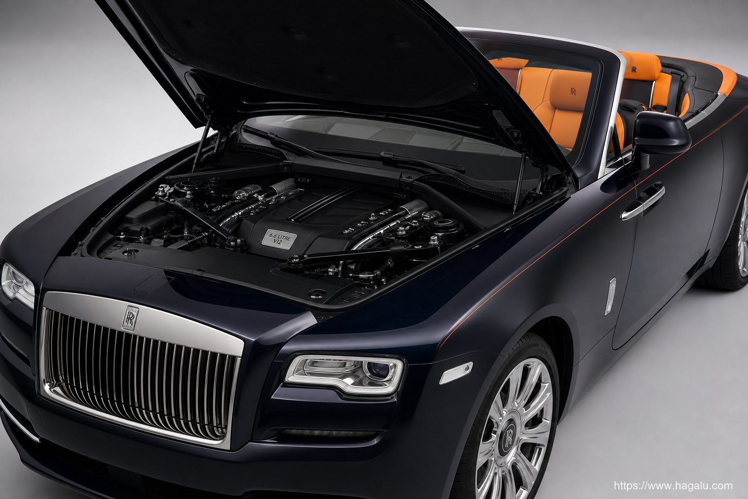 Rolls-Royce Dawn open bonnet and powertrain bay showing the under-bonnet layout in South Africa