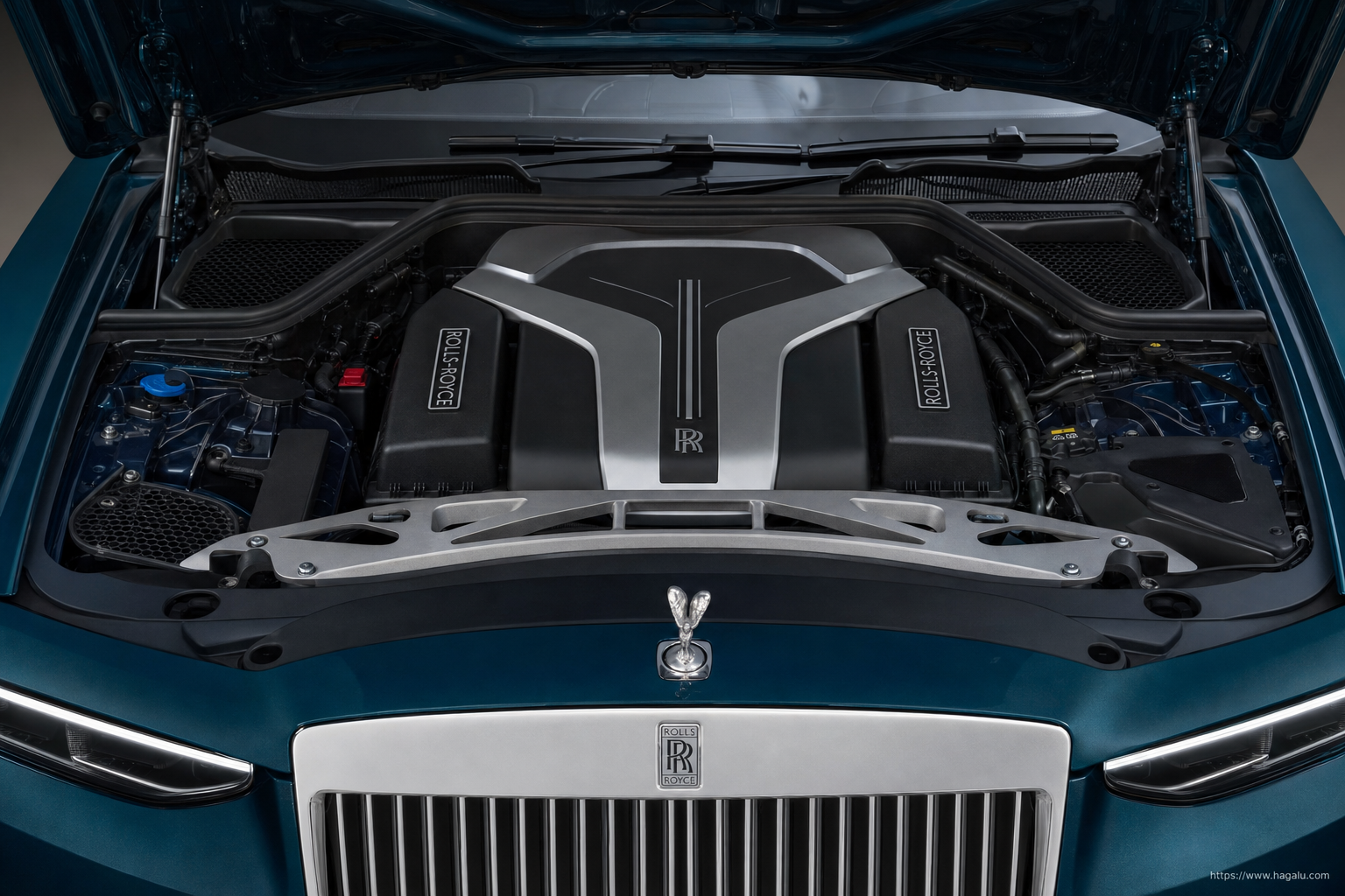 Rolls-Royce Ghost open bonnet and powertrain bay showing the under-bonnet layout in South Africa