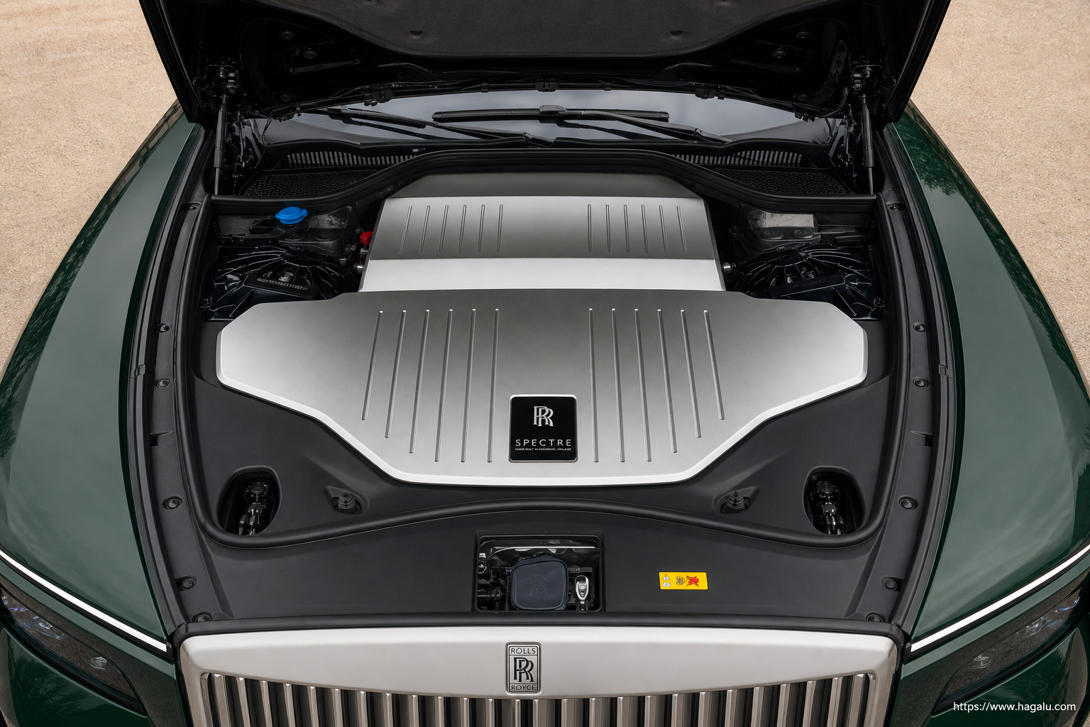 Rolls-Royce Spectre Series II open bonnet and powertrain bay showing the under-bonnet layout in South Africa