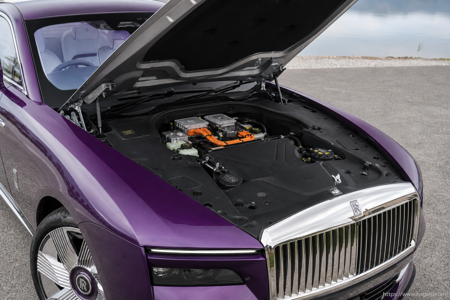 Rolls-Royce Spectre open bonnet and powertrain bay showing the under-bonnet layout in South Africa