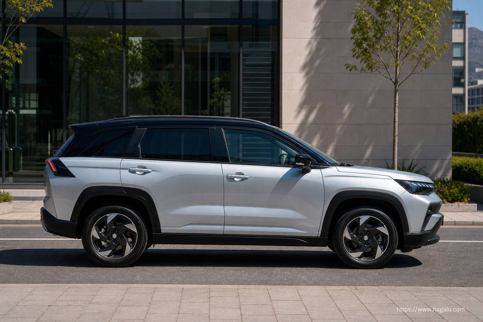 Suzuki Across full side profile showing the roofline, doors and wheel design in South Africa
