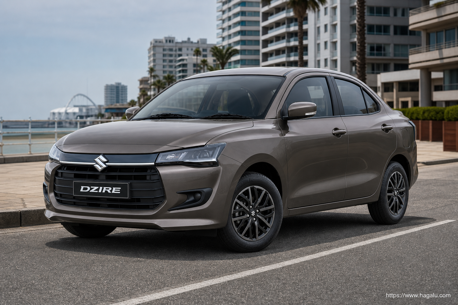 Suzuki Dzire front three-quarter exterior showing the grille, headlights and body design in South Africa