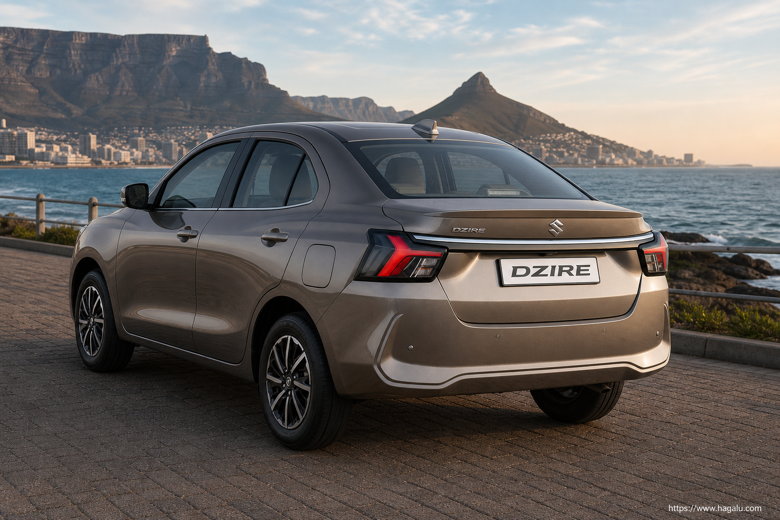 Suzuki Dzire rear three-quarter exterior showing the taillights, tailgate and rear design in South Africa