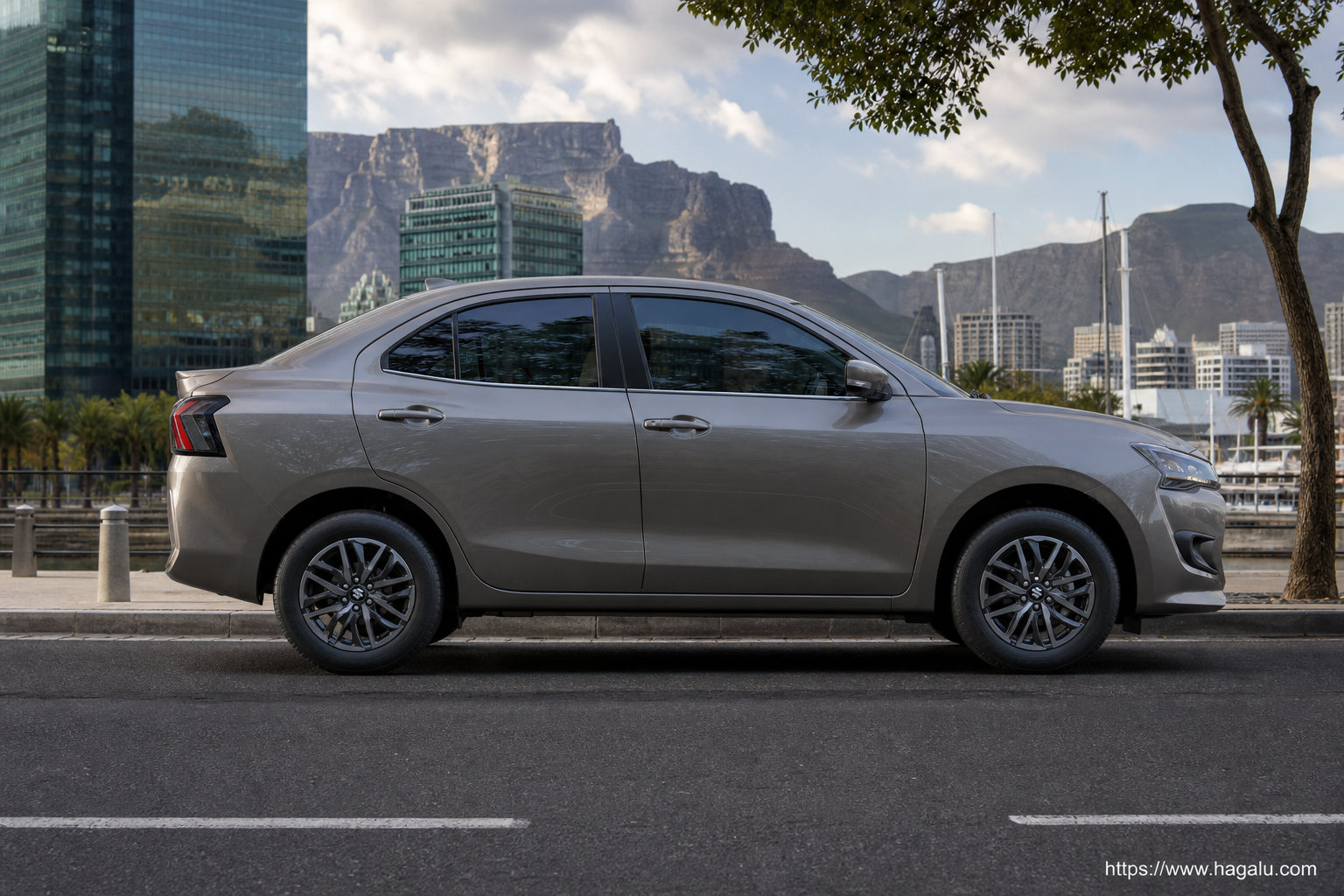 Suzuki Dzire full side profile showing the roofline, doors and wheel design in South Africa