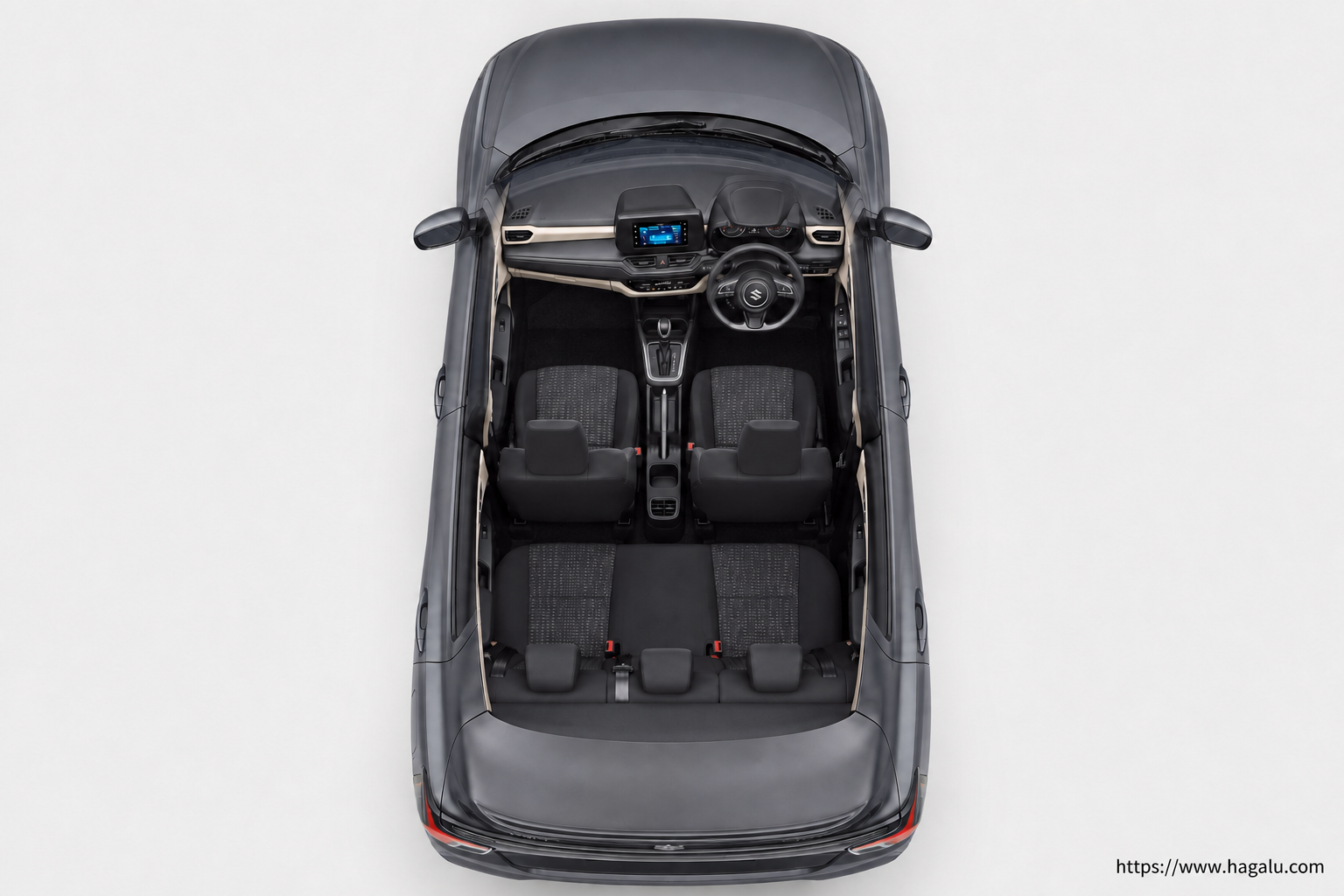 Suzuki Dzire top-down seating layout showing the roof design and cabin arrangement in South Africa