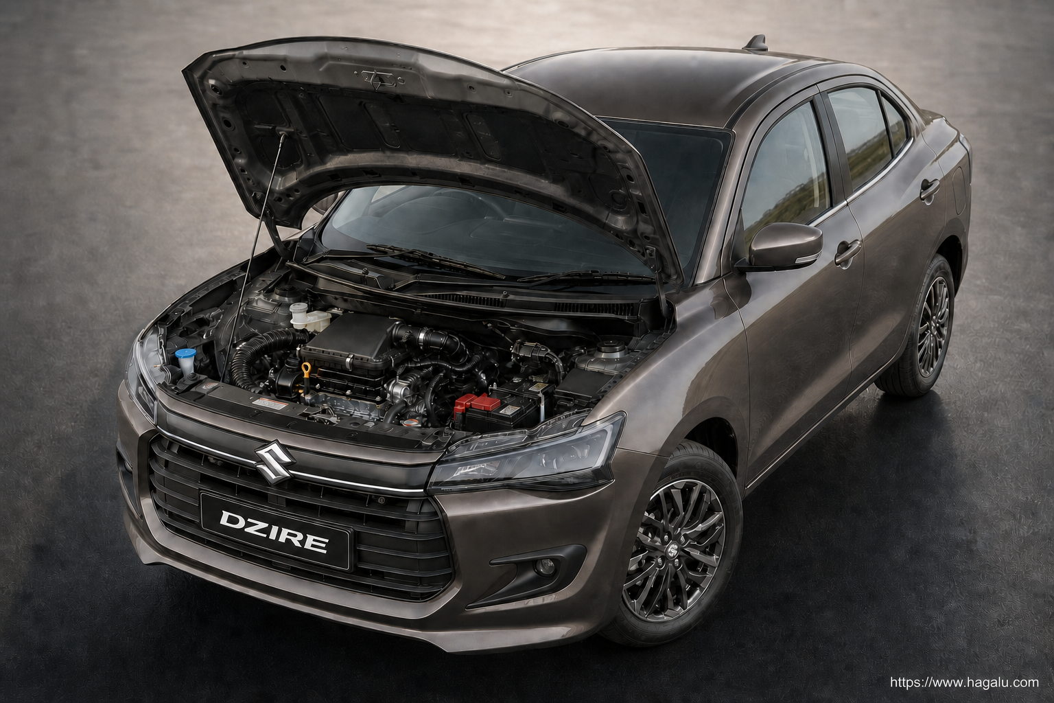 Suzuki Dzire open bonnet and powertrain bay showing the under-bonnet layout in South Africa