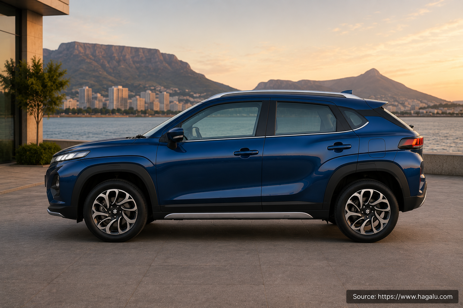Suzuki Fronx full side profile showing the roofline, doors and wheel design in South Africa