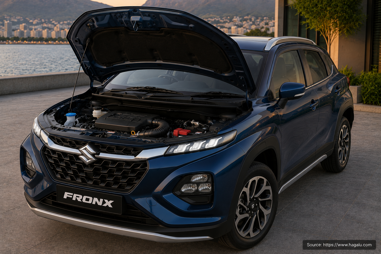 Suzuki Fronx open bonnet and powertrain bay showing the under-bonnet layout in South Africa