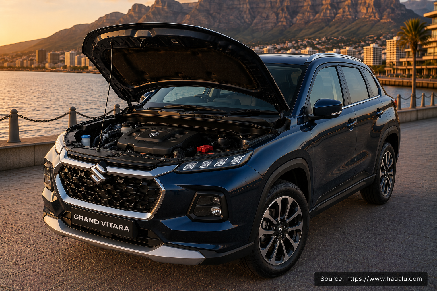Suzuki Grand Vitara open bonnet and powertrain bay showing the under-bonnet layout in South Africa