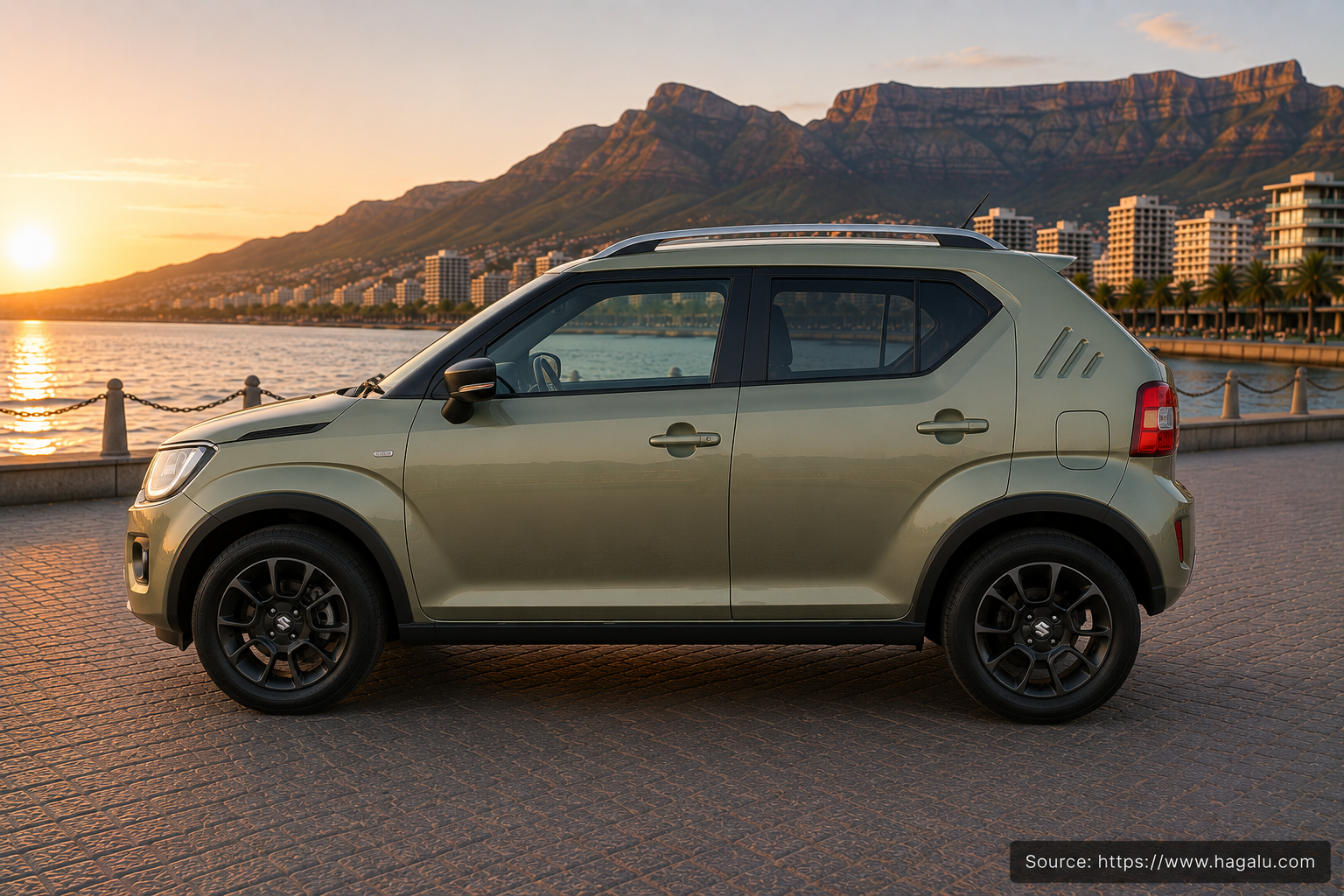 Suzuki Ignis full side profile showing the roofline, doors and wheel design in South Africa