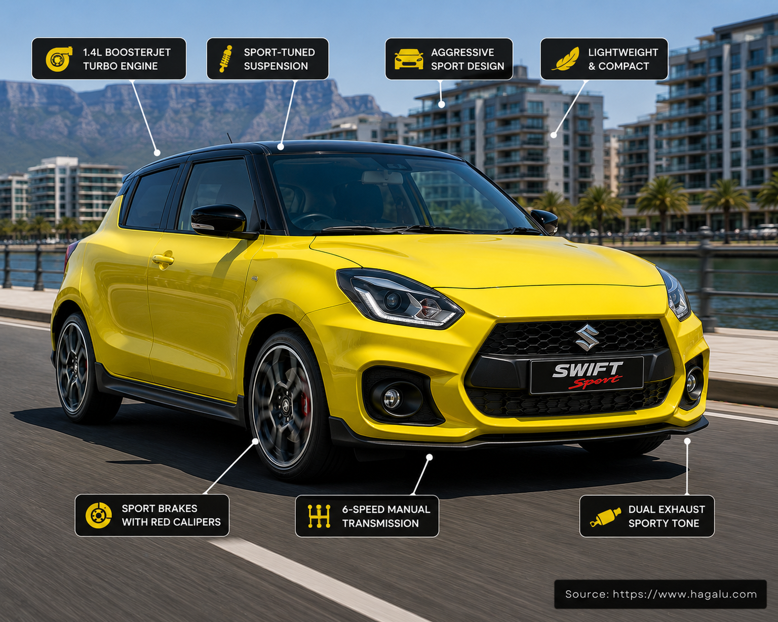 Suzuki Swift Sport front three-quarter exterior showing the grille, headlights and body design in South Africa
