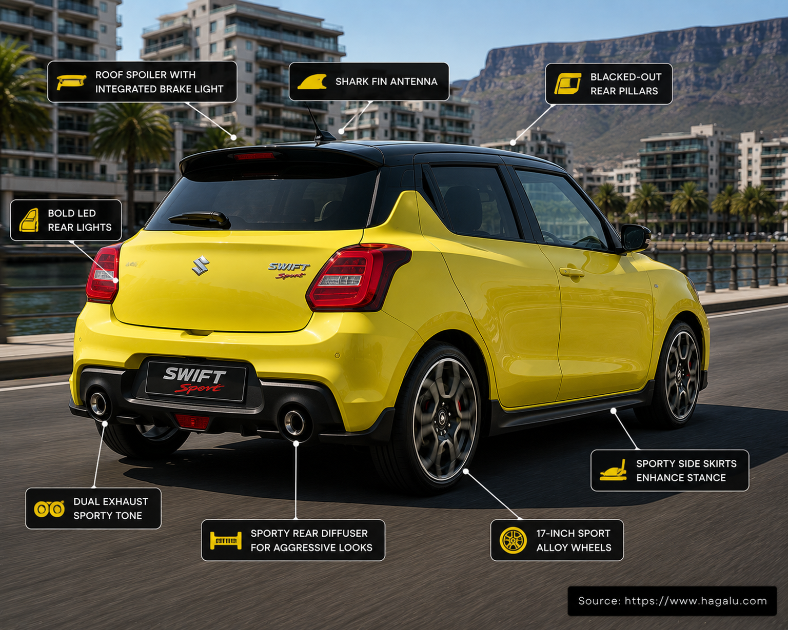 Suzuki Swift Sport rear three-quarter exterior showing the taillights, tailgate and rear design in South Africa