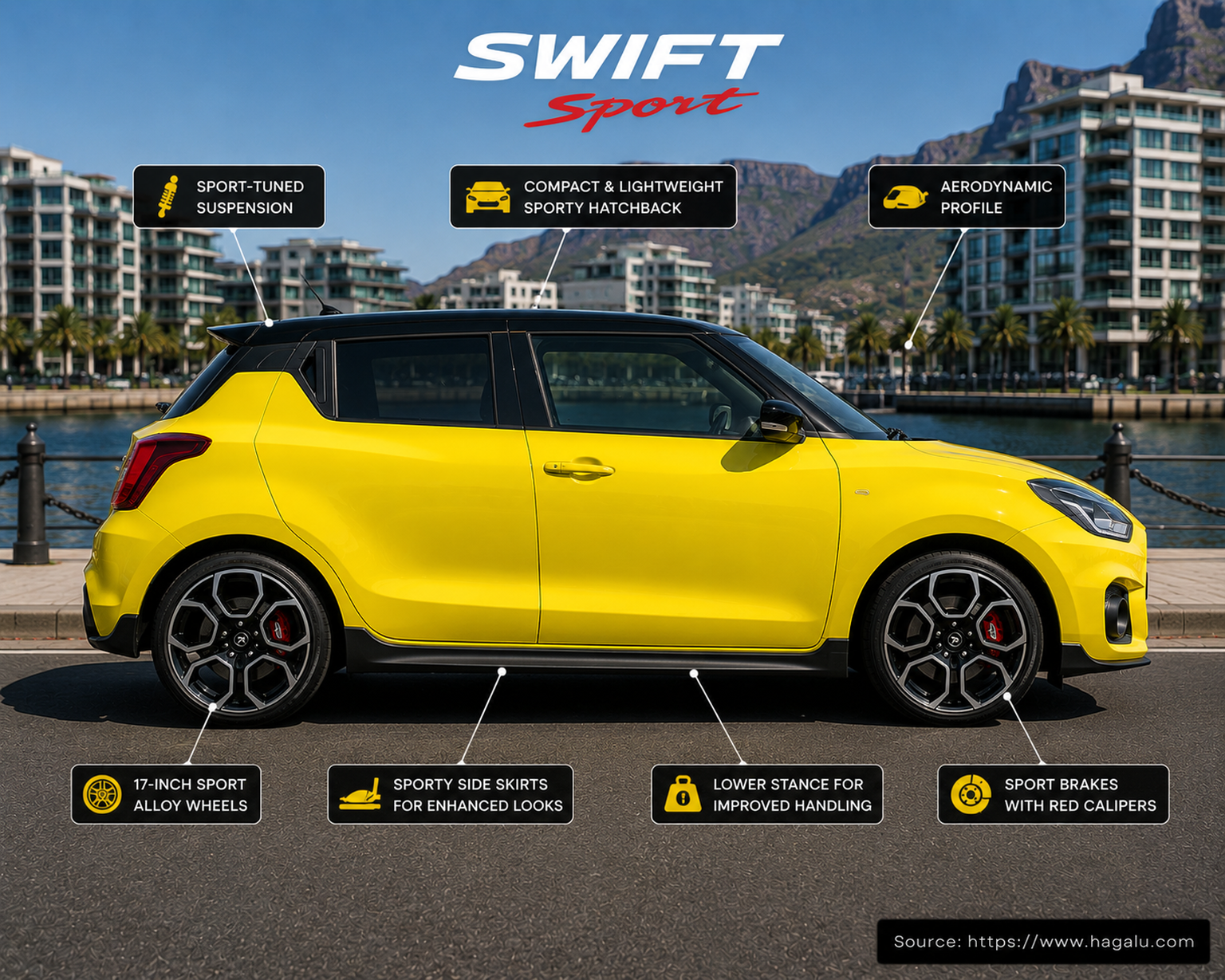 Suzuki Swift Sport full side profile showing the roofline, doors and wheel design in South Africa