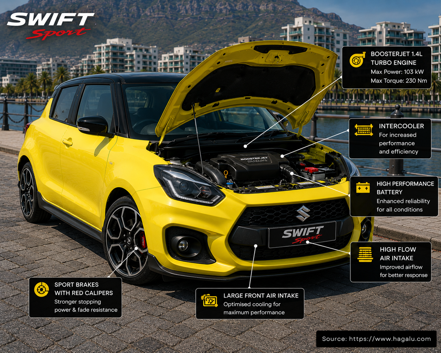 Suzuki Swift Sport open bonnet and powertrain bay showing the under-bonnet layout in South Africa