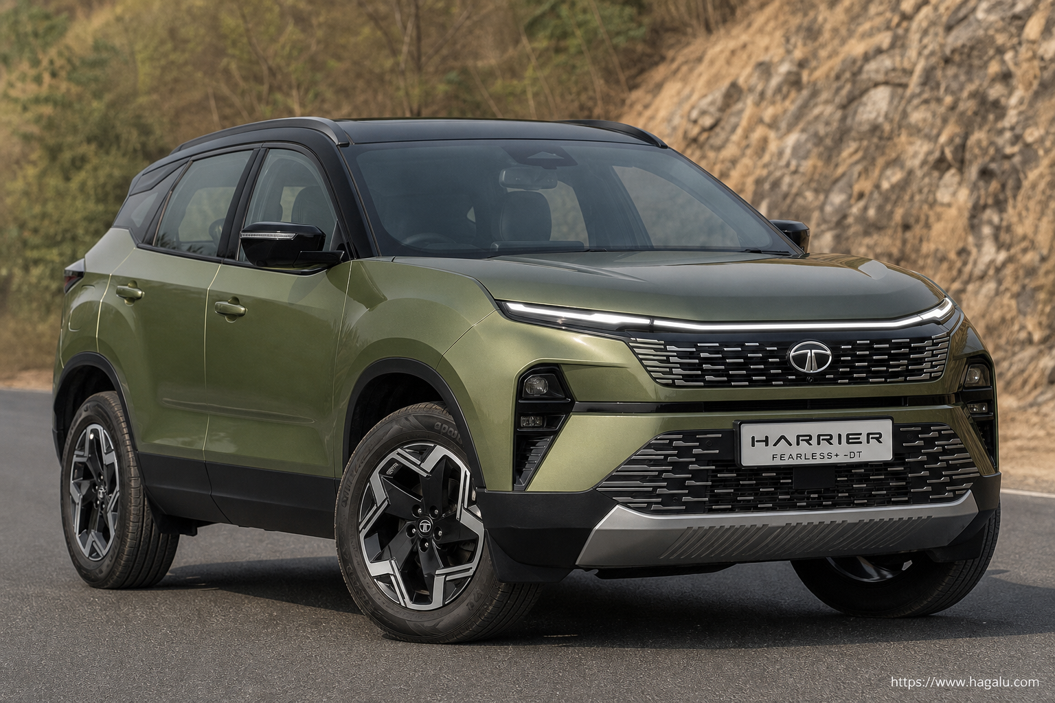 Tata Harrier front three-quarter exterior showing the grille, headlights and body design in South Africa
