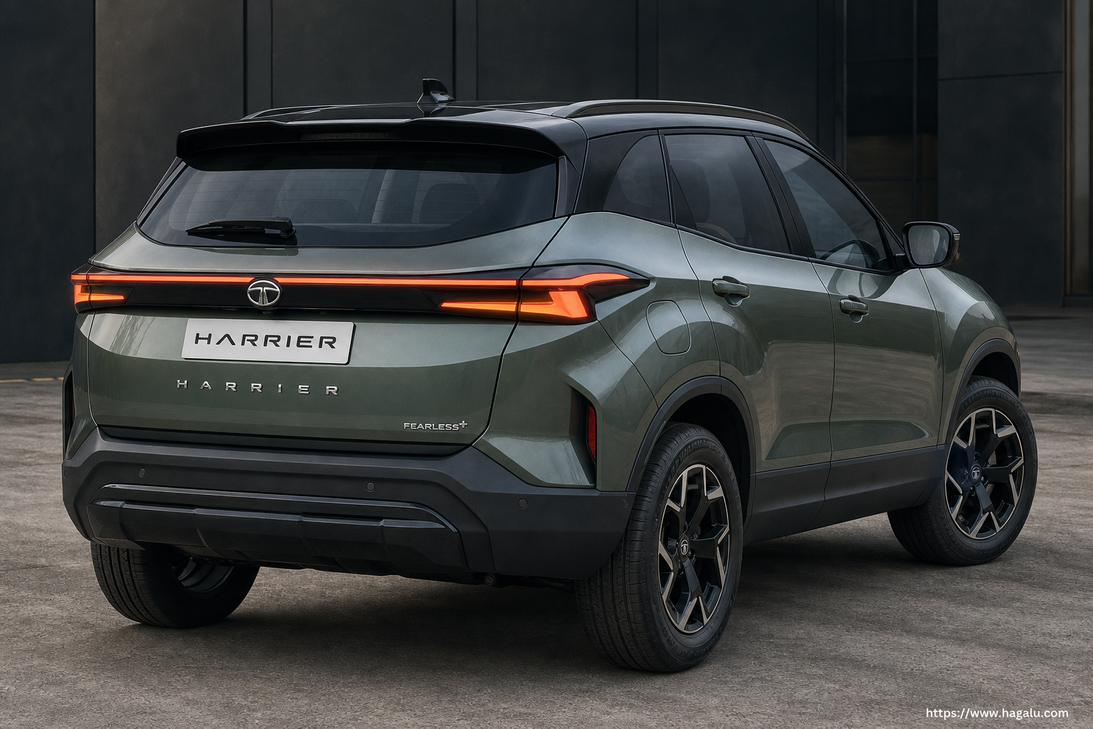 Tata Harrier rear three-quarter exterior showing the taillights, tailgate and rear design in South Africa