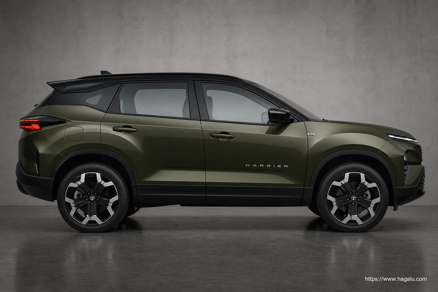 Tata Harrier full side profile showing the roofline, doors and wheel design in South Africa