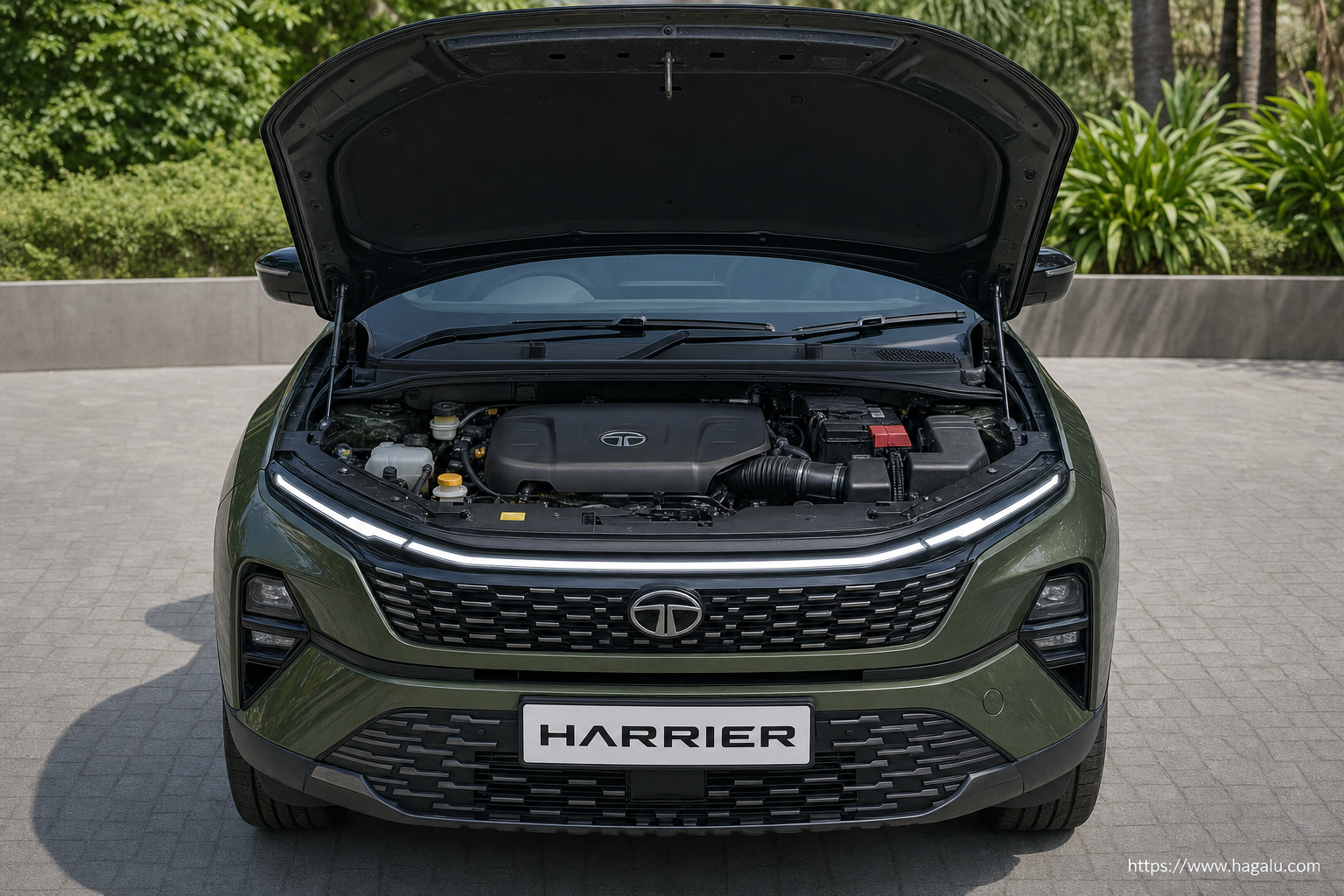 Tata Harrier open bonnet and powertrain bay showing the under-bonnet layout in South Africa
