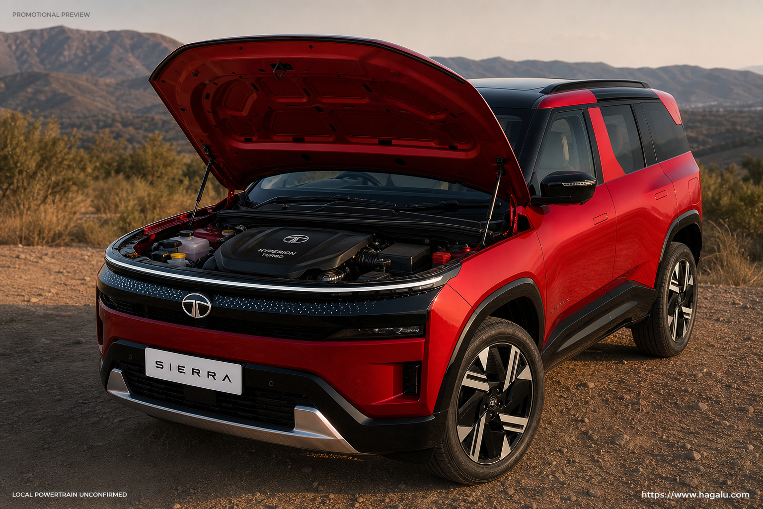 Tata Sierra open bonnet and powertrain bay showing the under-bonnet layout in South Africa