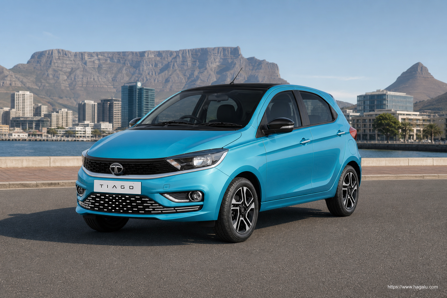 Tata Tiago front three-quarter exterior showing the grille, headlights and body design in South Africa
