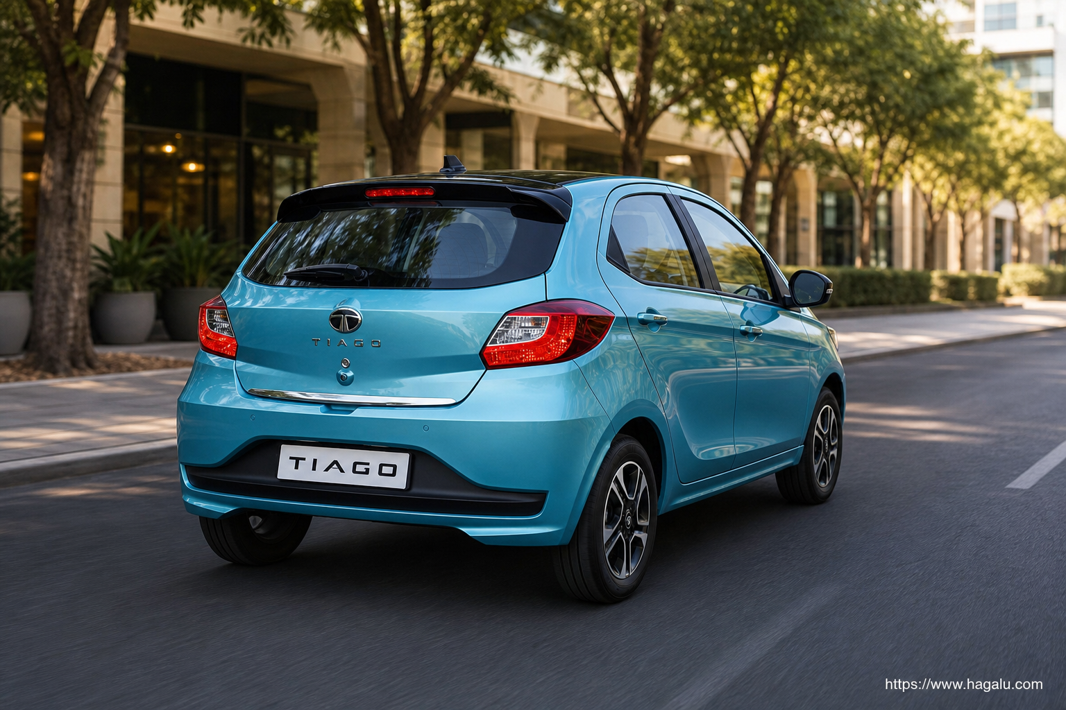 Tata Tiago rear three-quarter exterior showing the taillights, tailgate and rear design in South Africa