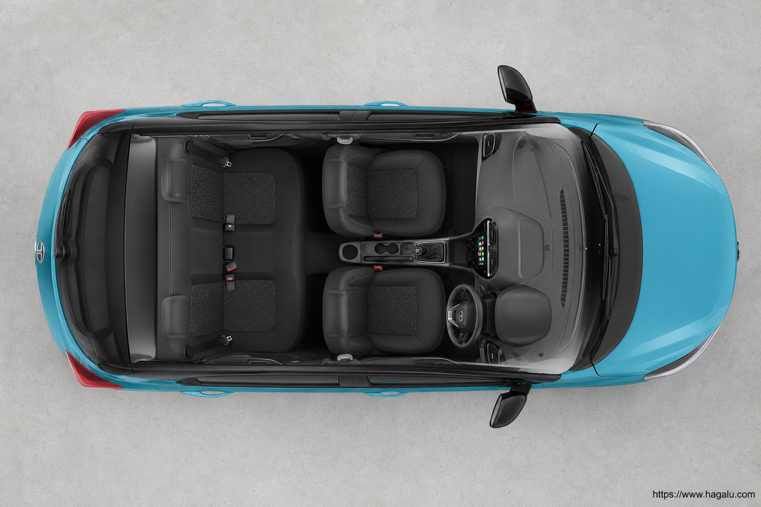 Tata Tiago top-down seating layout showing the roof design and cabin arrangement in South Africa