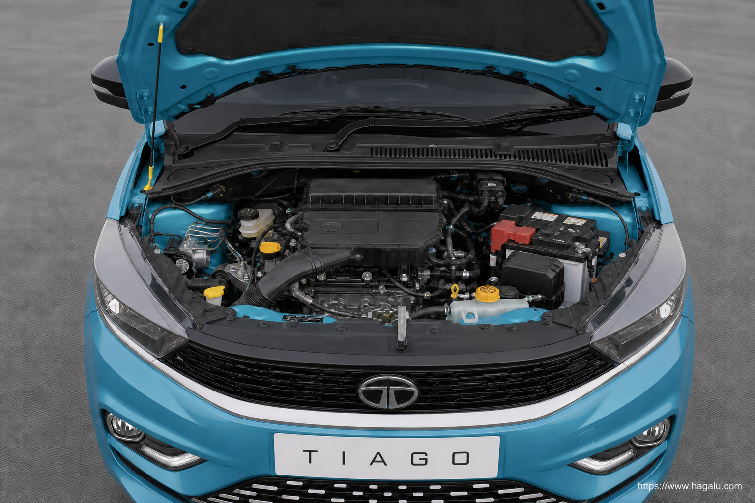 Tata Tiago open bonnet and powertrain bay showing the under-bonnet layout in South Africa