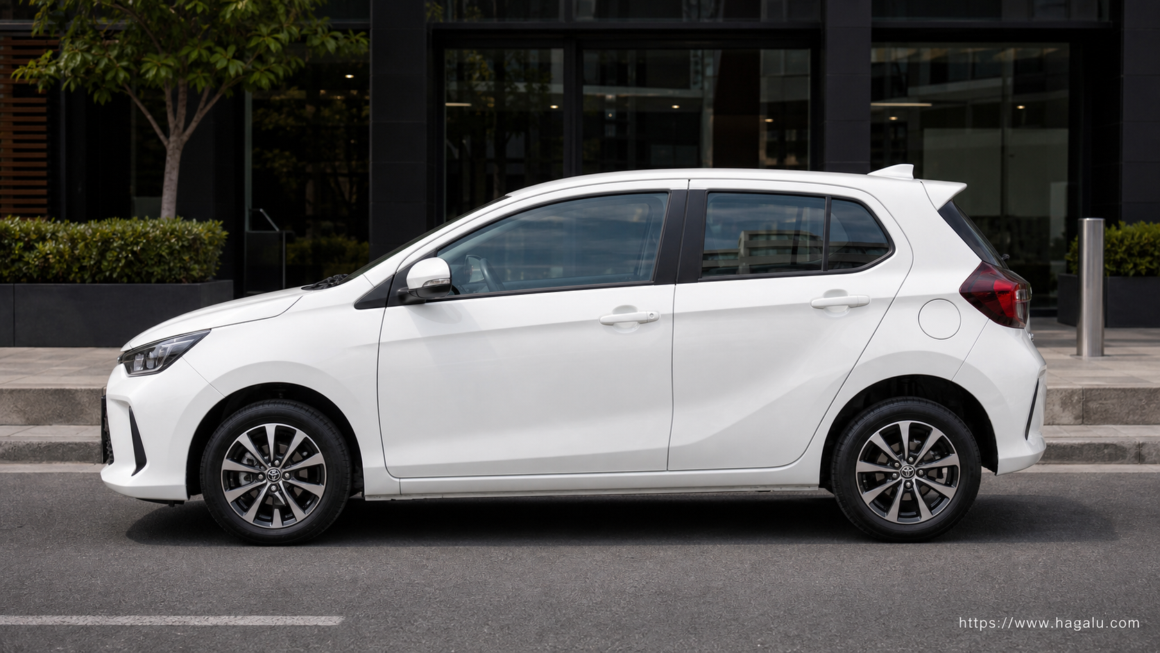 Toyota Agya full side profile showing the roofline, doors and wheel design in South Africa