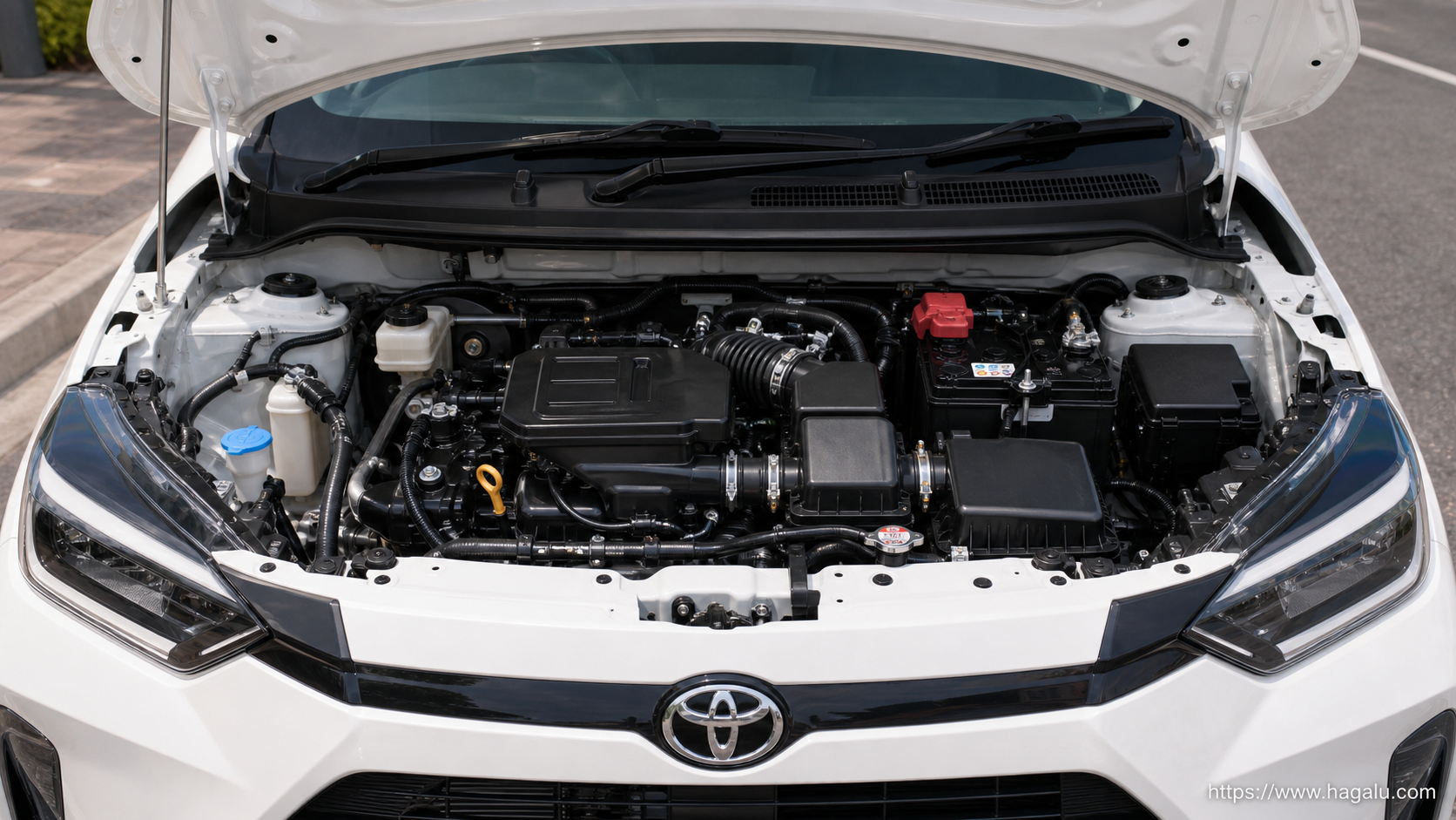Toyota Agya open bonnet and powertrain bay showing the under-bonnet layout in South Africa