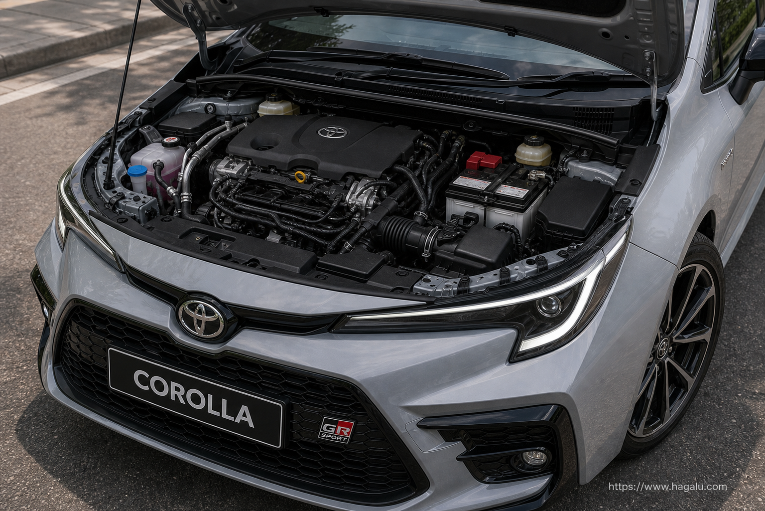 Toyota Corolla Sedan open bonnet and powertrain bay showing the under-bonnet layout in South Africa