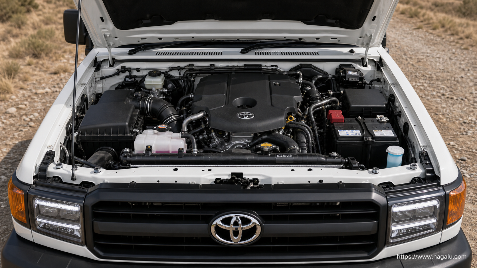 Toyota Land Cruiser 79 open bonnet and powertrain bay showing the under-bonnet layout in South Africa