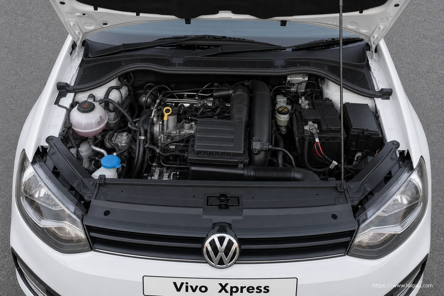 Volkswagen Vivo Xpress open bonnet and powertrain bay showing the under-bonnet layout in South Africa